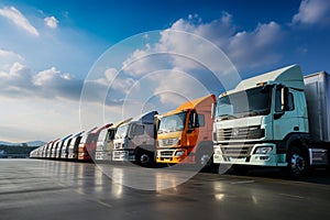 Truck leasing companys lot filled with a fleet of cargo hauling vehicles