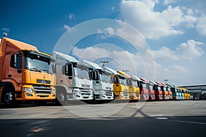 Truck leasing companys lot filled with a fleet of cargo hauling vehicles