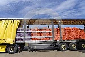 Truck Loaded With Packages of Fresh, Red and Yellow Onion for Distribution To Market