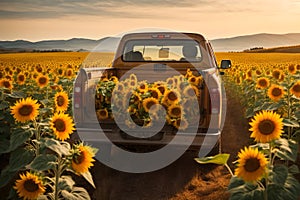 A truck loaded with sunflowers from a garden