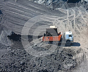 Truck on the loading of coal in coal mine photo