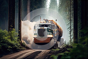 truck with logging equipment speeding through forest, down trees