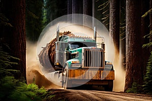 truck with logging equipment speeding through forest, down trees