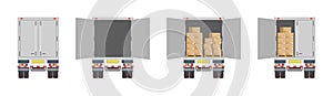 Truck of logistic. Back of delivery van. Open and closed door of container with boxes. Cargo in truck for transportation and