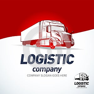 Truck logistic emblem template on red background. Logistic truck emblem. Isolated vector illustration.
