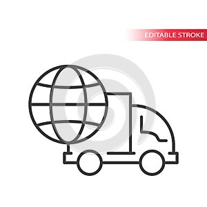 Truck or lorry with globe thin line vector icon. International shipping, fast delivery service