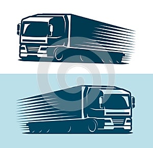 Truck, lorry logo or label. Trucking, delivery symbol. Vector illustration