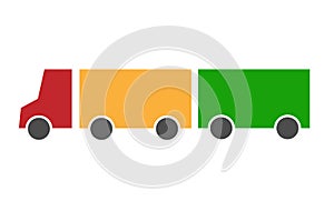 Truck lorry with a red cab and a yellow body with a green trailer. Looks like a traffic light. Vector icon flat simple
