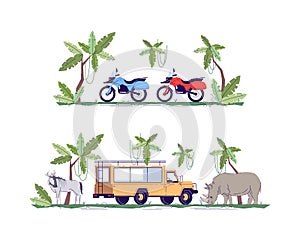Truck and motorcycle semi flat RGB color vector illustration set