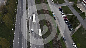 truck moves along the highway in the city