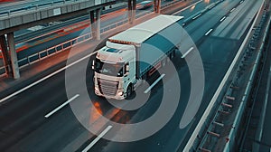 Truck moves on the highway at night. 3d rendering. Transportation and logistics concept