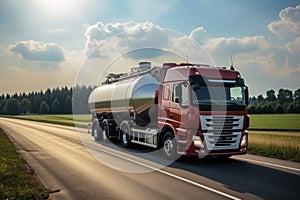 Truck with oil tank on the road . Oil transportation concept. Transportation concept with a copy space.