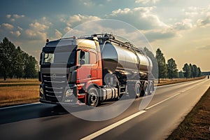 Truck with oil tank on the road . Oil transportation concept. Transportation concept with a copy space.
