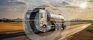 Truck with oil tank on the road . Oil transportation concept. Transportation concept with a copy space.