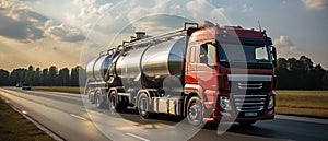 Truck with oil tank on the road . Oil transportation concept. Transportation concept with a copy space.