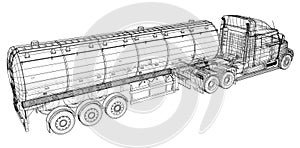 Truck, Oil trailer. Gasoline tanker. Created illustration of 3d. Wire-frame.