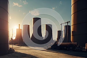 a truck is parked in front of a large factory with smoke stacks in the background at sunset or dawn