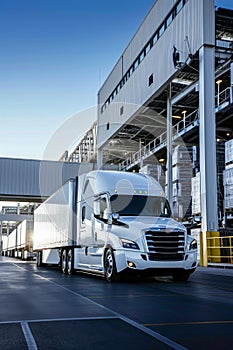 The truck is parked on the loading dock of an industrial warehouse, where many trucks with semi-trailers load goods