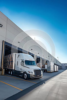 The truck is parked on the loading dock of an industrial warehouse, where many trucks with semi-trailers load goods