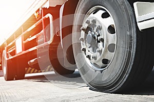 Truck a Parking Front a Truck Wheels. Industry Road Freight Truck Transportation