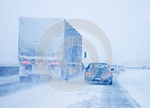 Truck and Passenger Car in Whiteout Driving Condit