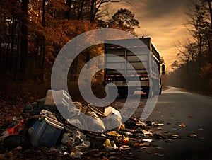 Truck Passing By Littered Garbage on a Misty Forest Road during Autumn. Generative Ai