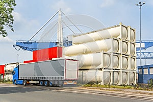 Truck in port, delivery of cargo to Europe. Logistics Goods Transport