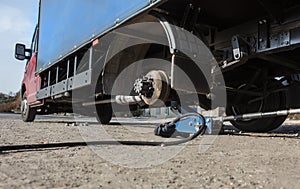 Truck rear wheel repair close-up