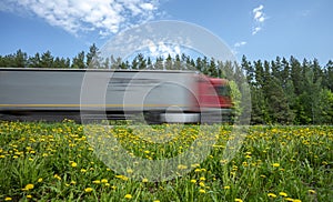 A truck with a red cab rushes along the road along the forest, the roadside is covered with yellow dandelions