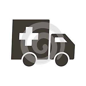 Truck with red cross. medical and food supplies icon. Vector flat glyph illustration. Charity, donation, help and urgency concepts