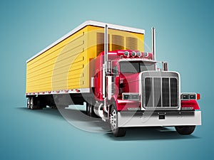 Truck red with yellow trailer 3d render on blue background with