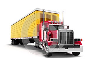 Truck red with yellow trailer 3d render on white background with