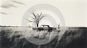 Vintage Black And White Car Photo In Surreal Field