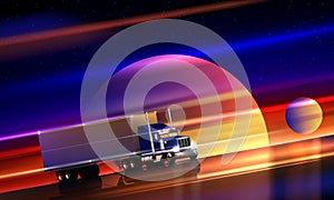 Truck rides on the highway in space. Classic big rig semi truck with dry van on the night road on a colorful cosmic background