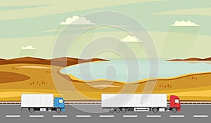 Truck on the road. Autumn rural landscape with lake. Heavy trailer truck. Logistic and delivery concept.