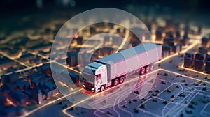 Truck on a road city map. Concept of global shipment. Generative AI