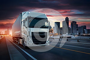 Truck on road with cityscape background depicted in 3D rendering