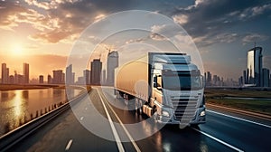 Truck on the road with cityscape background at sunset, transportation and logistics concept