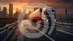 Truck on the road with cityscape background at sunset. Transportation and logistics concept