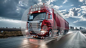 Truck on the road with dramatic sky background. Transportation and logistics concept