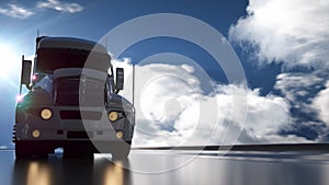 Truck on the road, highway. Blue sky background. Transport and logistics concept. 3d Illustration