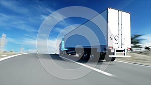 Truck on the road, highway. Transports, logistics concept. super realistic animation with physiks motion.