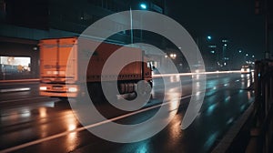truck on the road with motion blur in the city at night, Generative AI