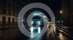 Truck on the road at night in the city. Concept of logistics. Generative AI