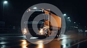 Truck on the road at night with motion blur. Cargo transportation concept