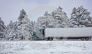 Truck on the road, snowy countryside, cloudy sky