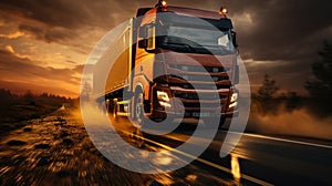 Truck on the road at sunset with motion blur effect. Transportation and logistics concept