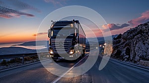 Truck on the road at sunset in the mountains. Transportation and logistics concept