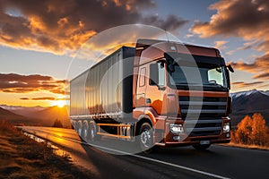 Truck on the road with sunset sky background. Concept of transportation and logistics