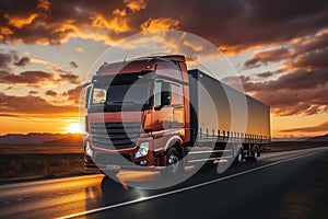 Truck on the road with sunset sky background. Concept of transportation and logistics